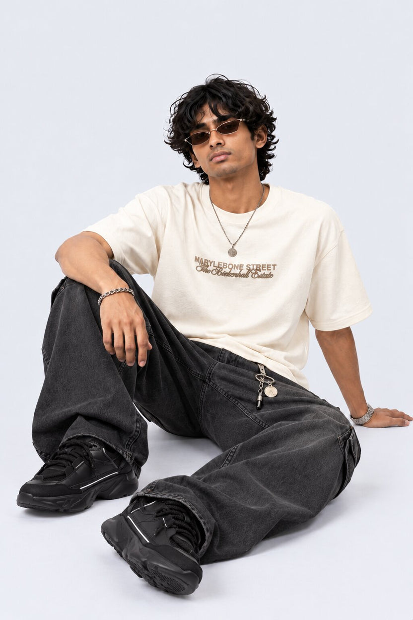 Mens Off White Patterned Relaxed Fit T-Shirt - Image 6