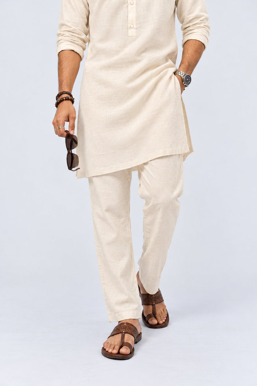 Mens Cream Ethnic Slim Fit Pyjamas - Image 1