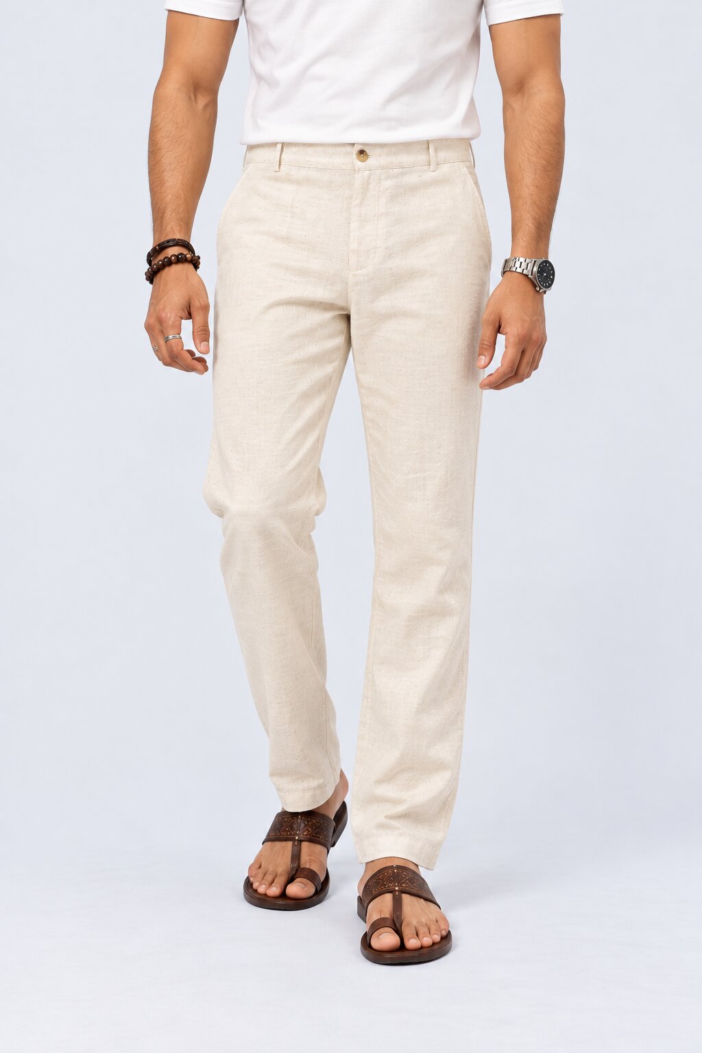 Mens Cream Ethnic Slim Fit Pyjamas - Image 2