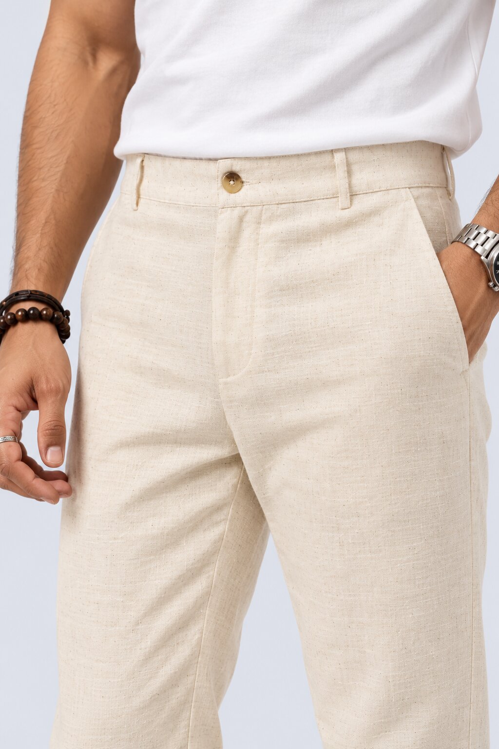 Mens Cream Ethnic Slim Fit Pyjamas - Image 3