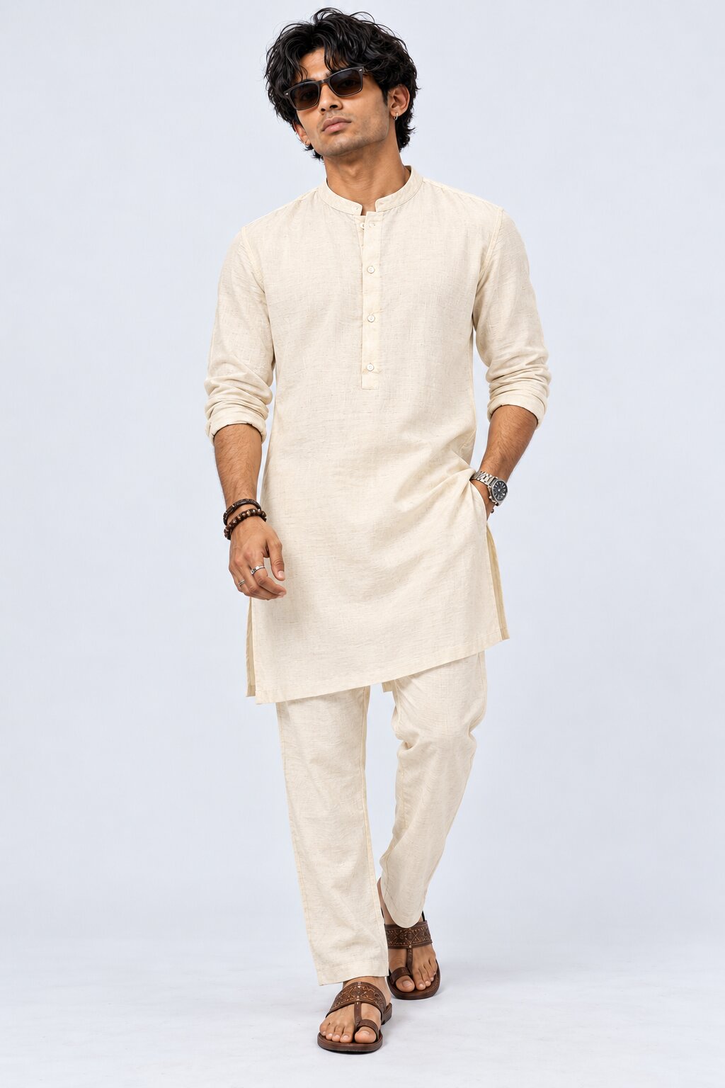 Mens Cream Ethnic Slim Fit Pyjamas - Image 6