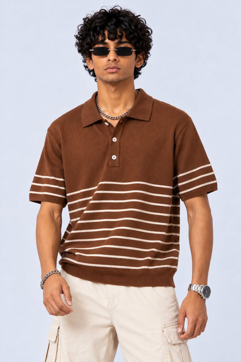 Mens Brown Cotton Regular Fit Polo - Image 1
