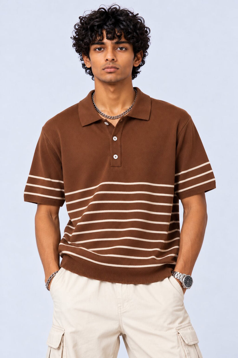 Mens Brown Cotton Regular Fit Polo - Image 2