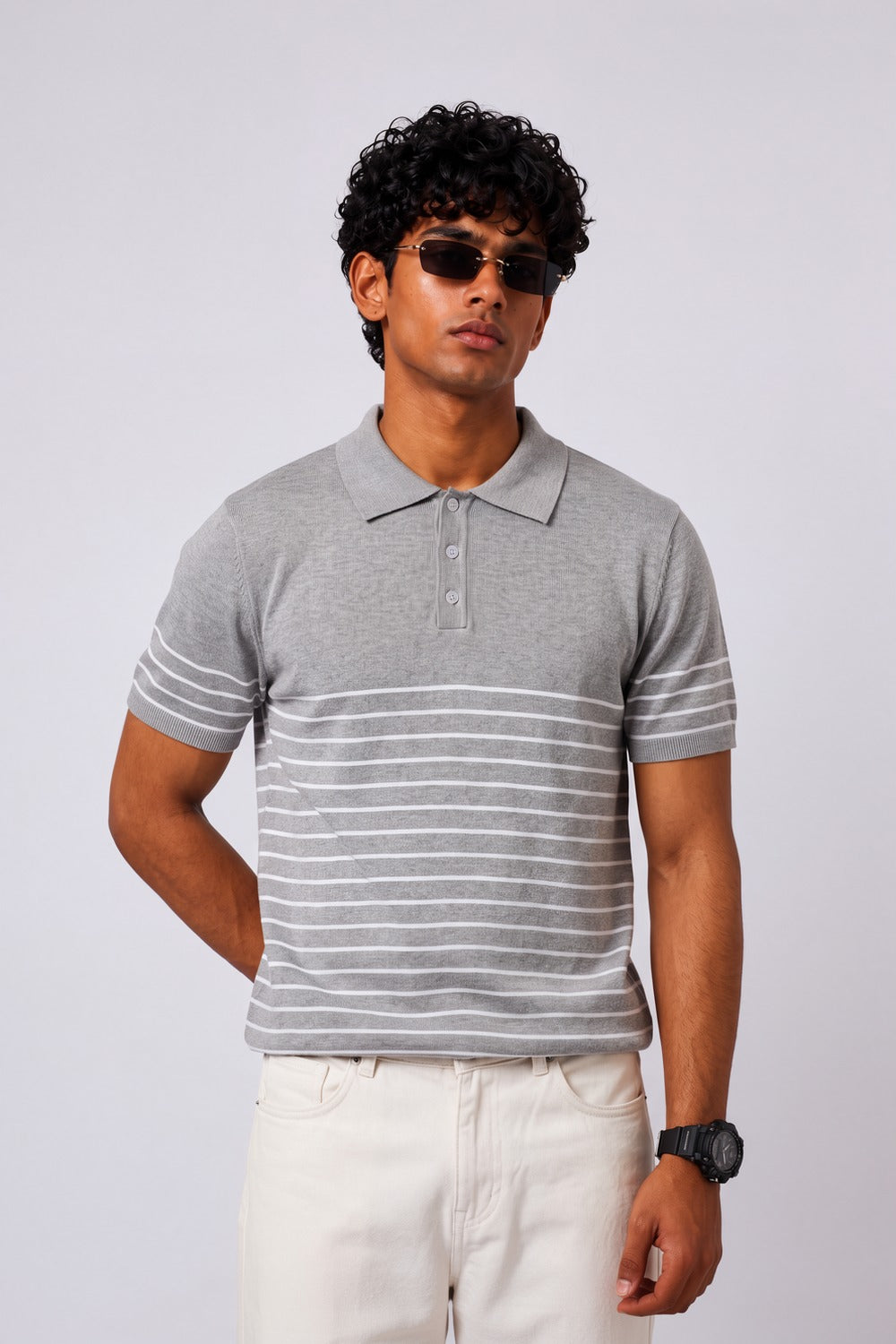Mens Grey Cotton Regular Fit Polo - Image 1