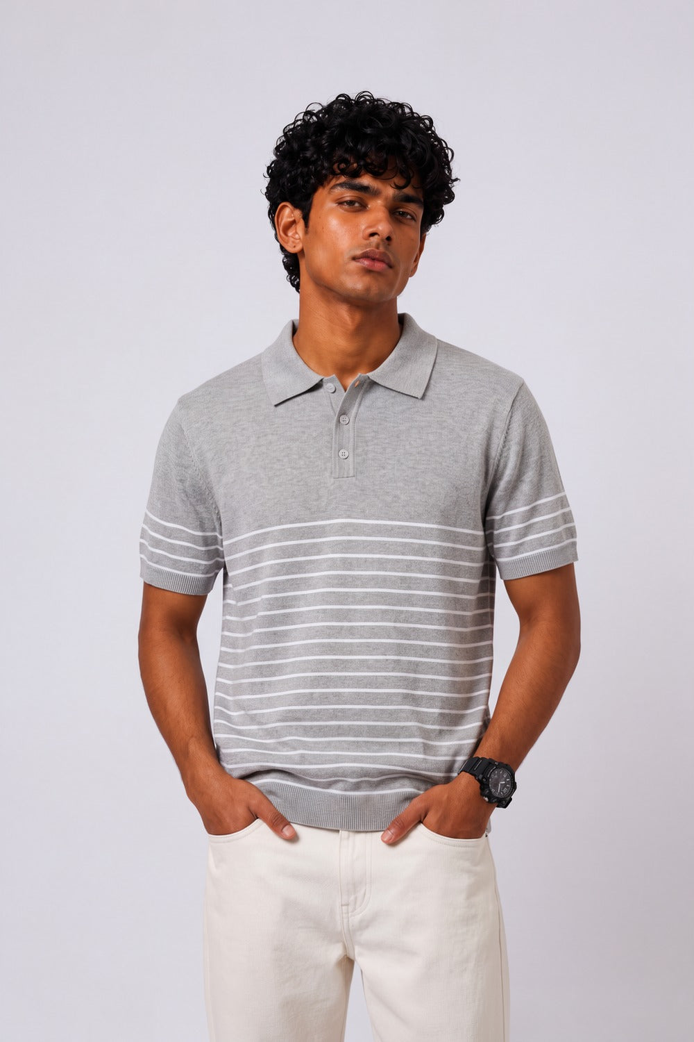 Mens Grey Cotton Regular Fit Polo - Image 2
