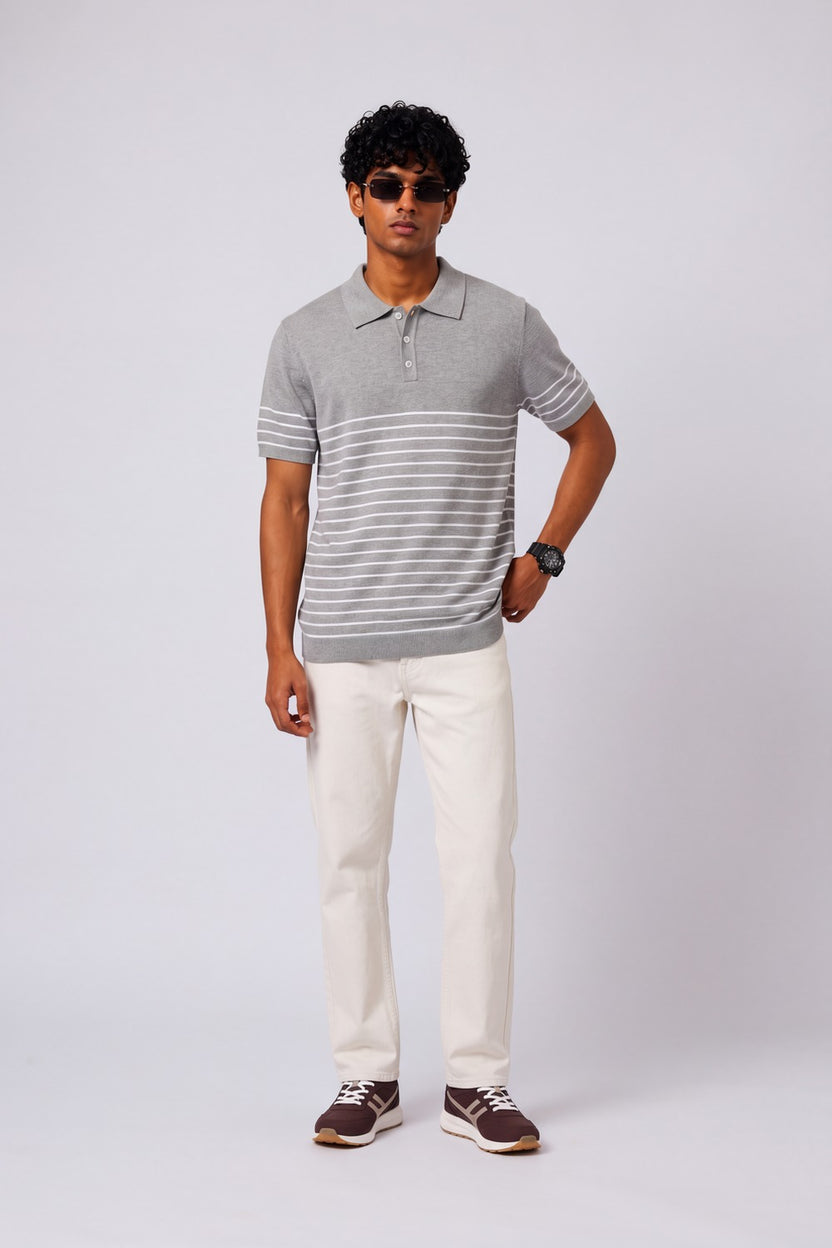 Mens Grey Cotton Regular Fit Polo - Image 6