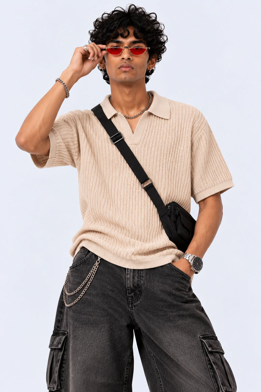 Mens Beige Textured Regular Fit Polo - Image 1