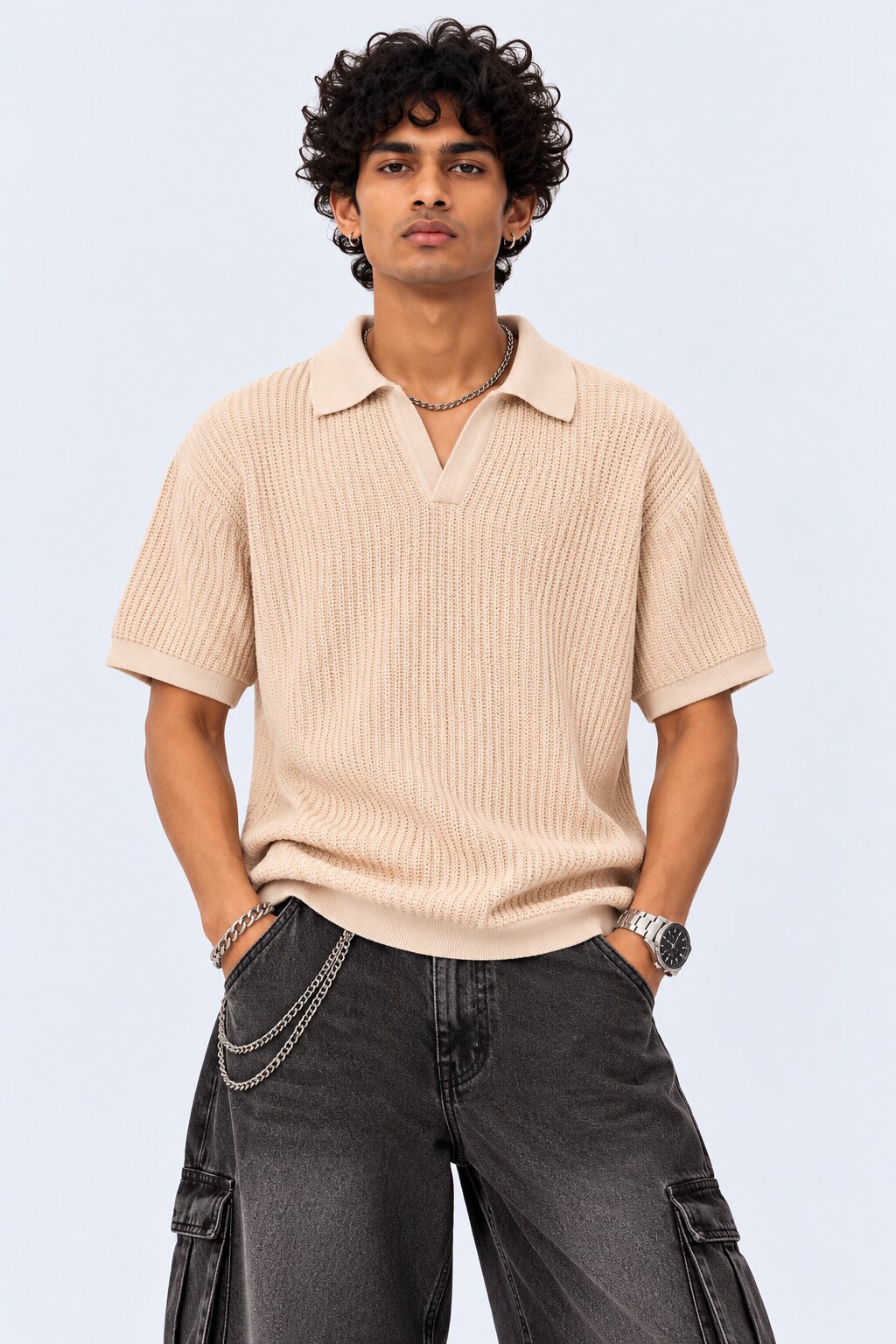 Mens Beige Textured Regular Fit Polo - Image 2