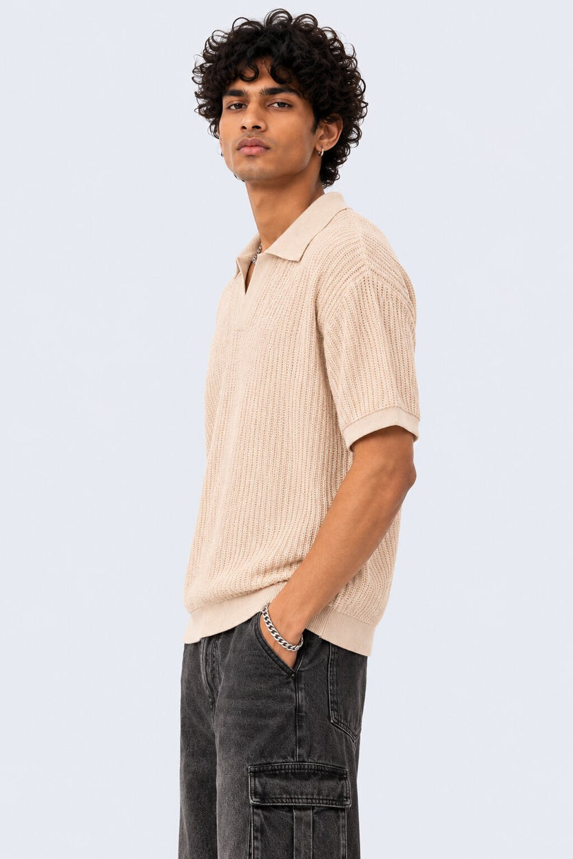 Mens Beige Textured Regular Fit Polo - Image 4