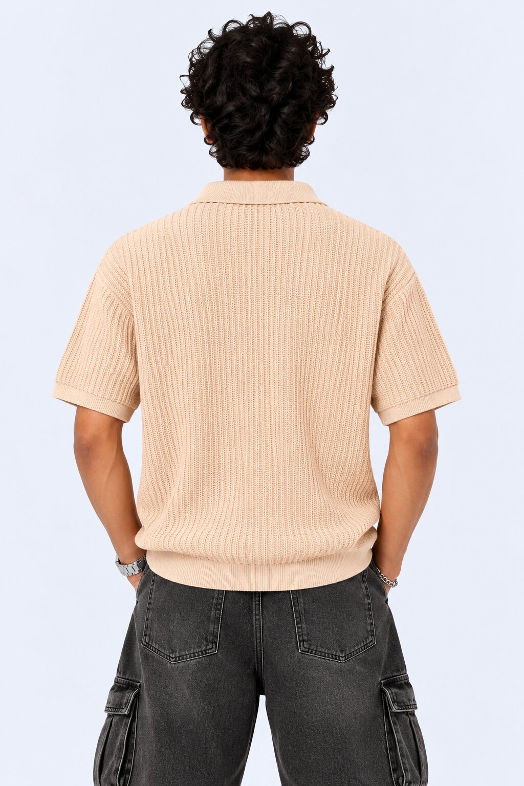 Mens Beige Textured Regular Fit Polo - Image 5