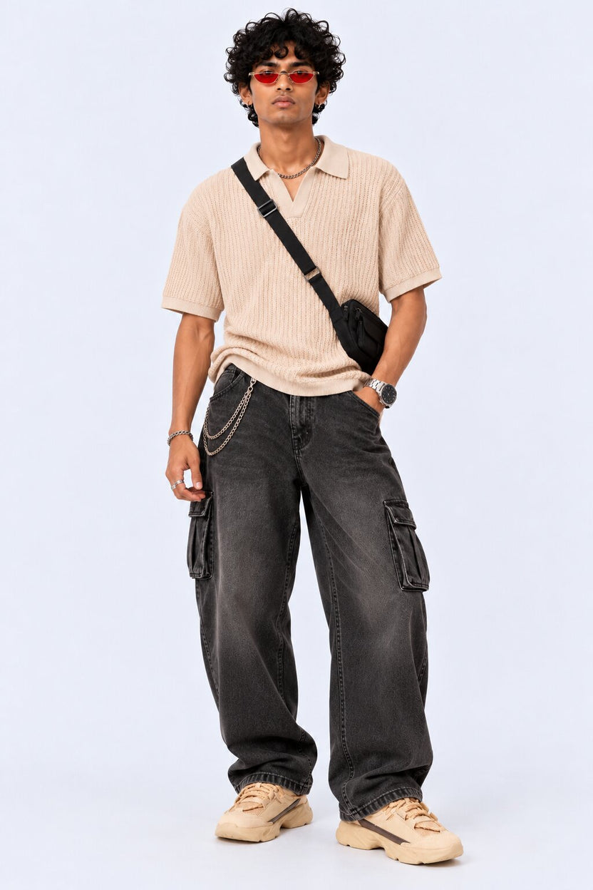 Mens Beige Textured Regular Fit Polo - Image 6