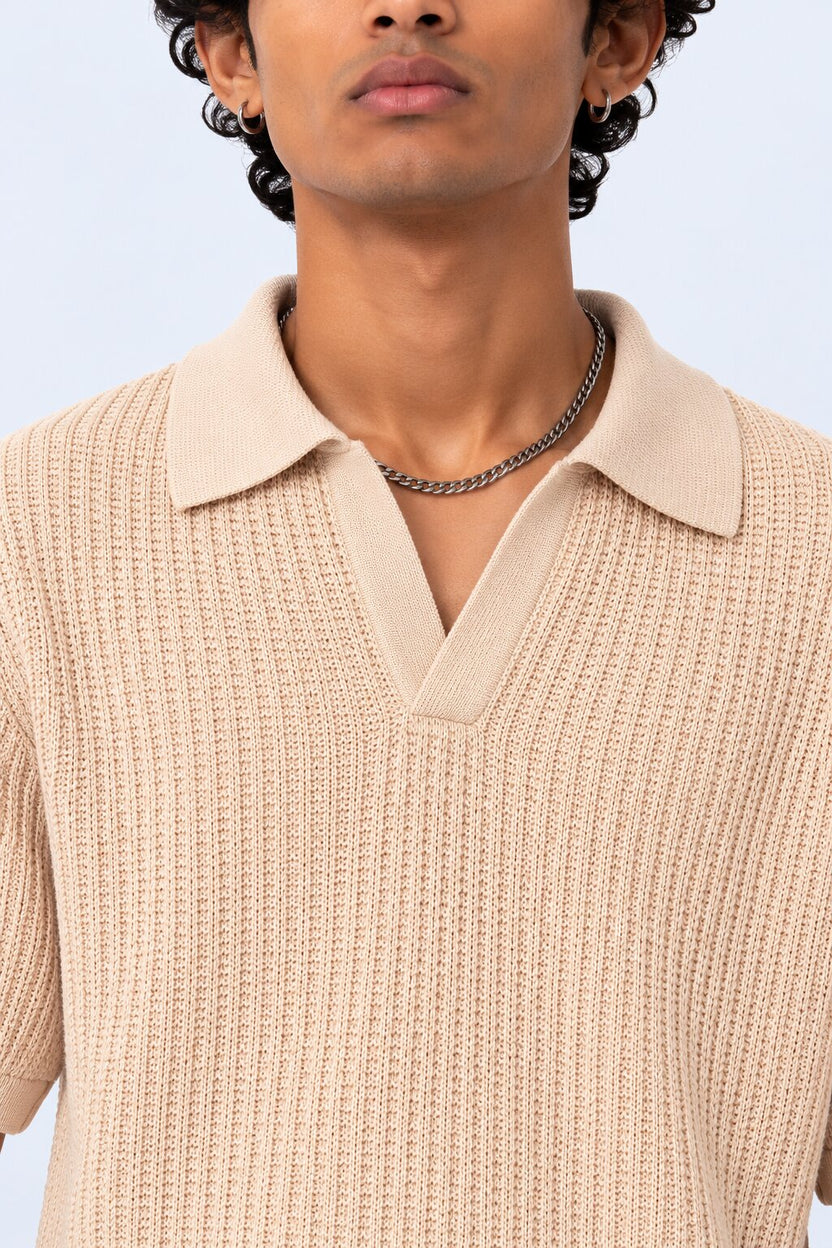 Mens Beige Textured Regular Fit Polo - Image 9