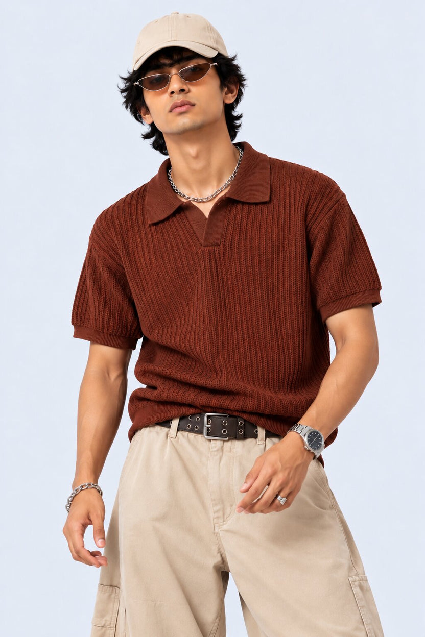Mens Rust Textured Regular Fit Polo - Image 1