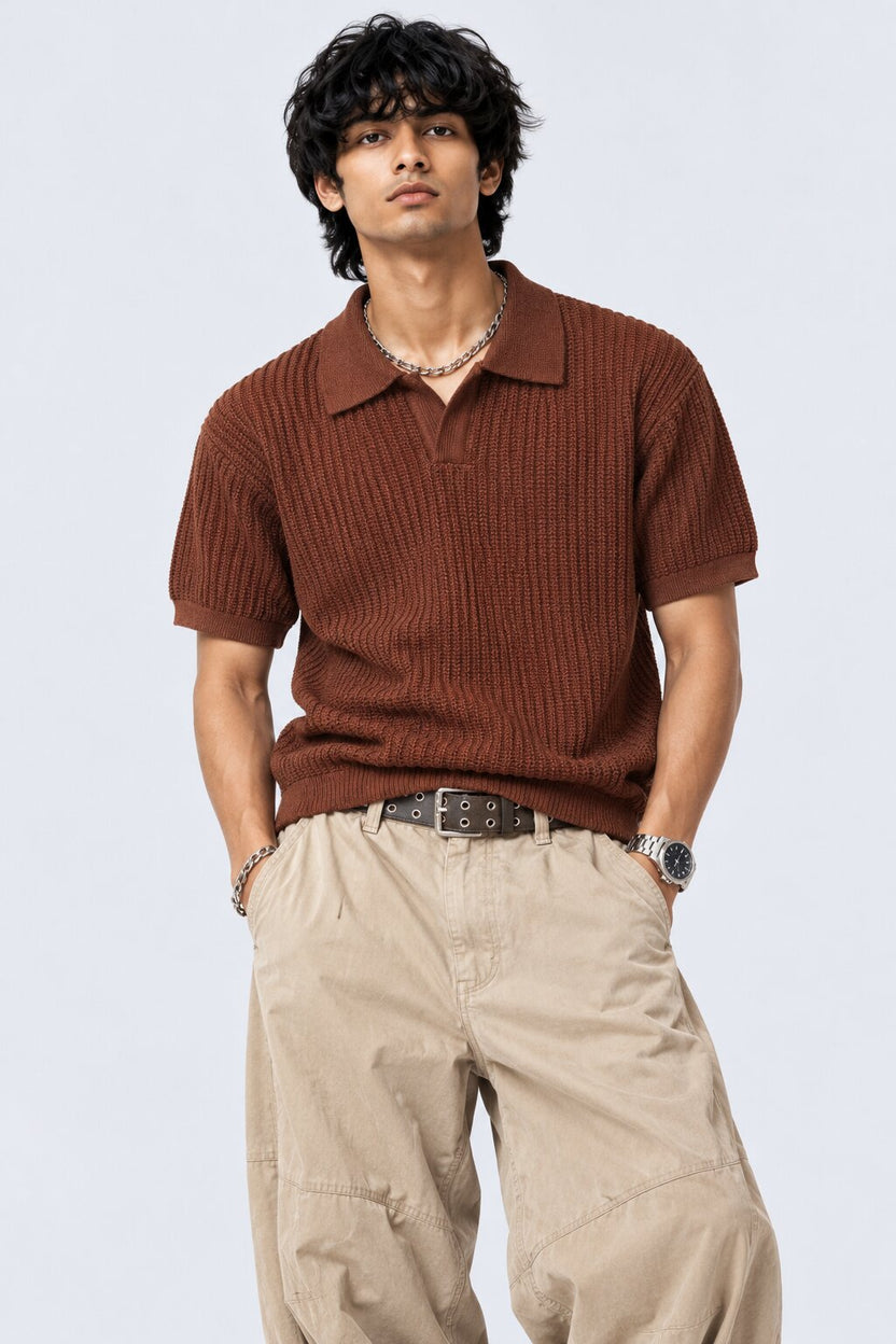 Mens Rust Textured Regular Fit Polo - Image 2