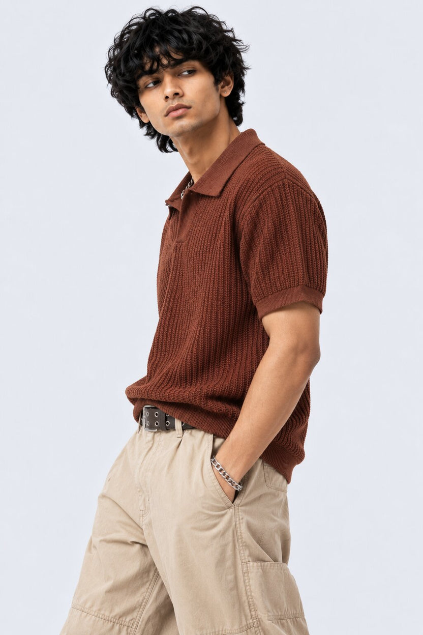 Mens Rust Textured Regular Fit Polo - Image 4