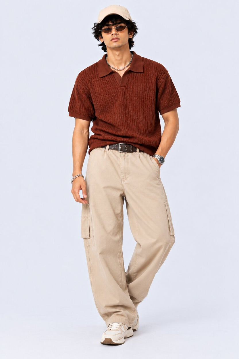 Mens Rust Textured Regular Fit Polo - Image 6