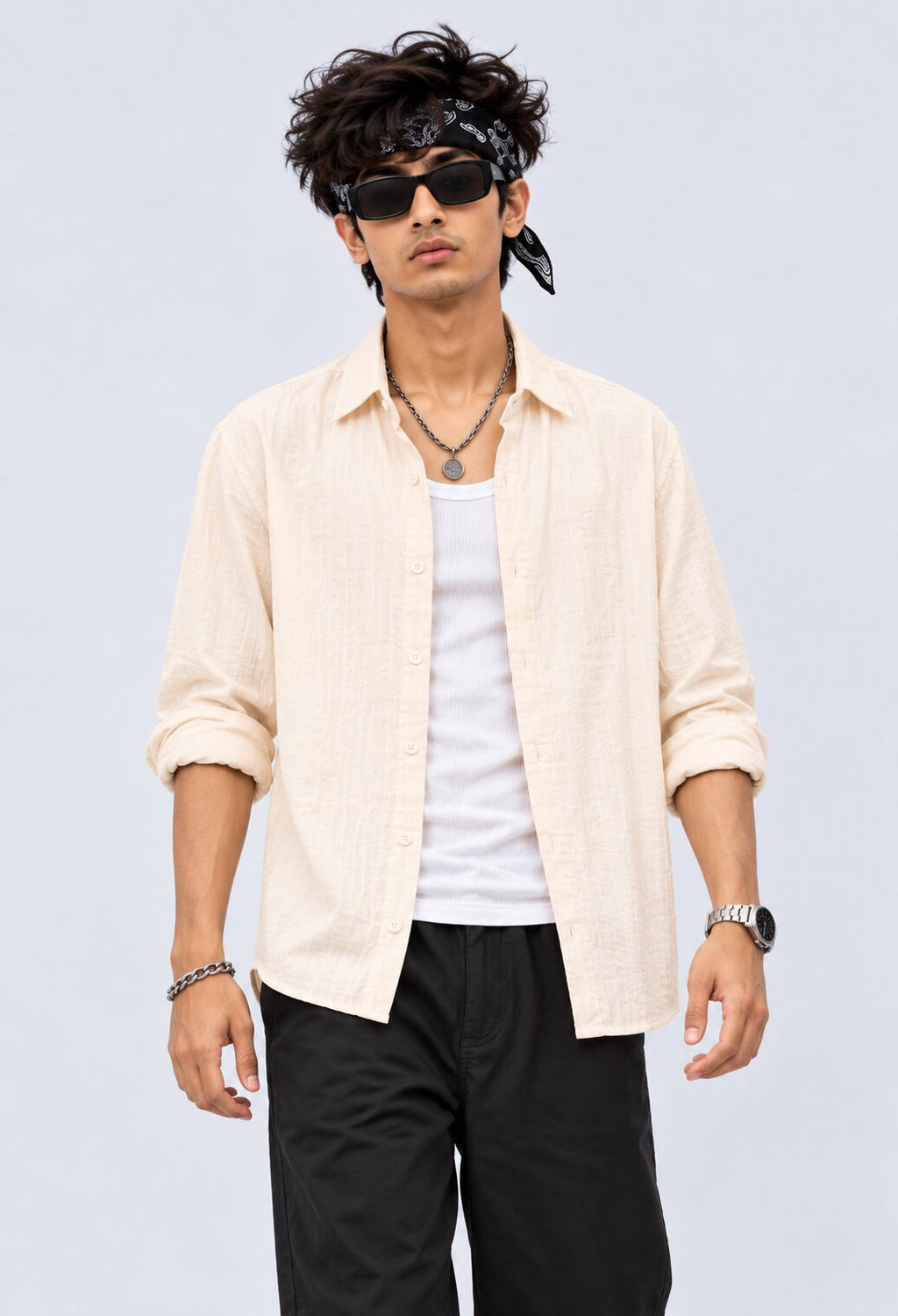 Mens Cream Cotton Regular Fit Shirt - Image 1