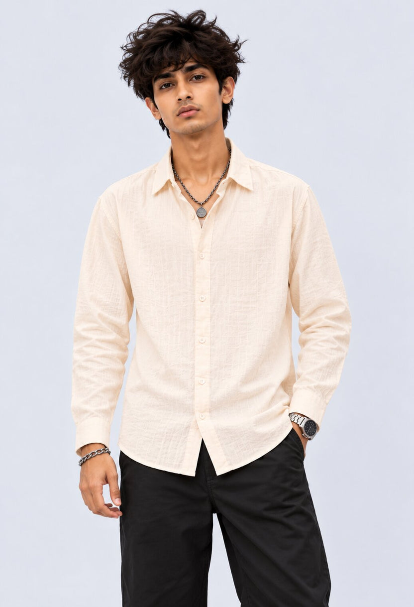 Mens Cream Cotton Regular Fit Shirt - Image 2