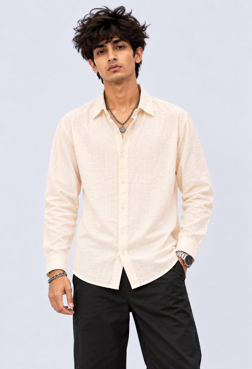 Mens Cream Cotton Regular Fit Shirt - Image 2