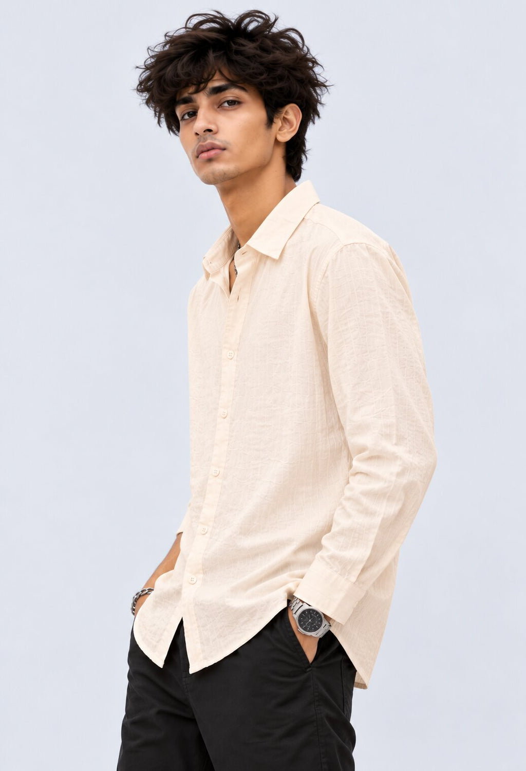 Mens Cream Cotton Regular Fit Shirt - Image 4