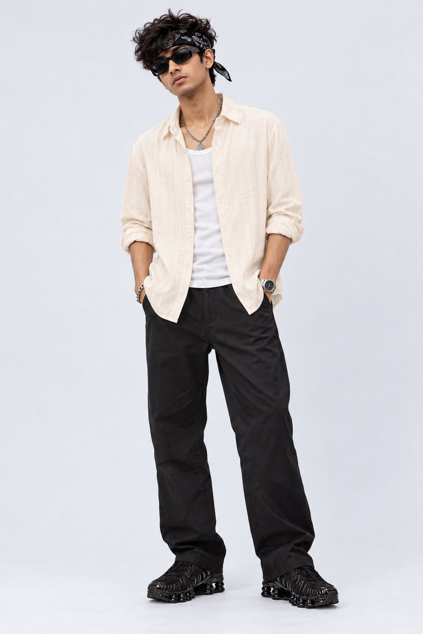 Mens Cream Cotton Regular Fit Shirt - Image 6