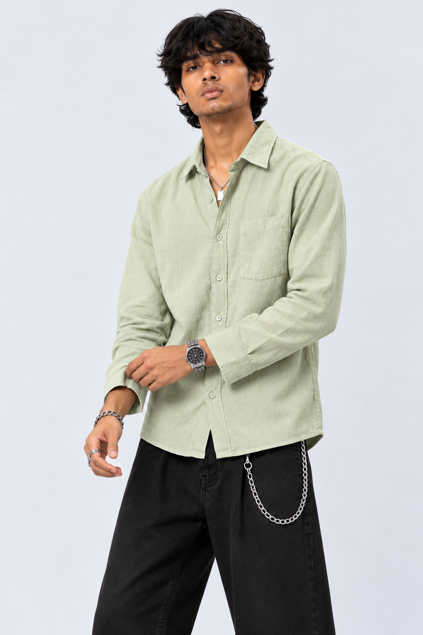 Mens Light Green Cotton Regular Fit Shirt - Image 1