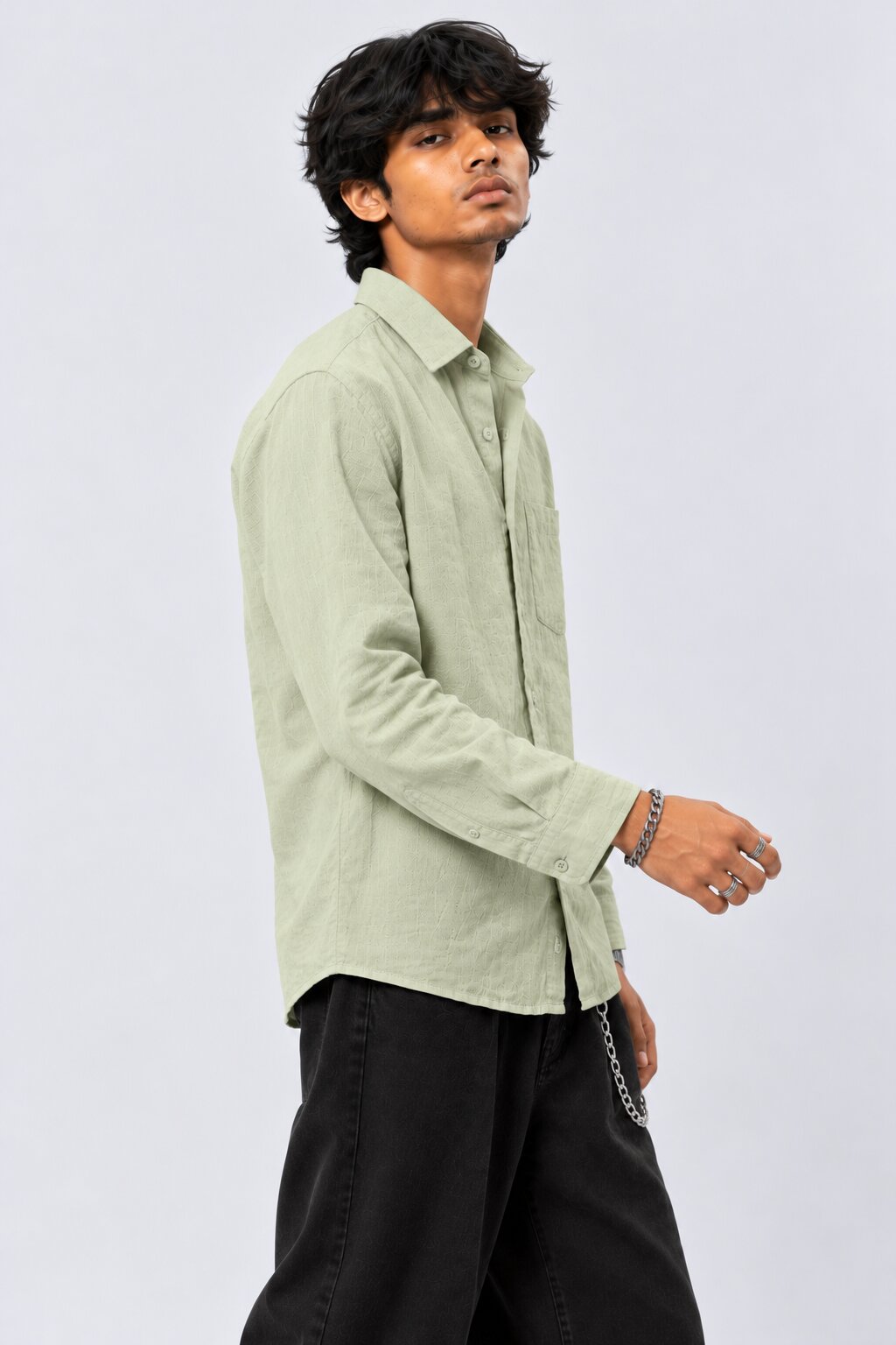 Mens Light Green Cotton Regular Fit Shirt - Image 2