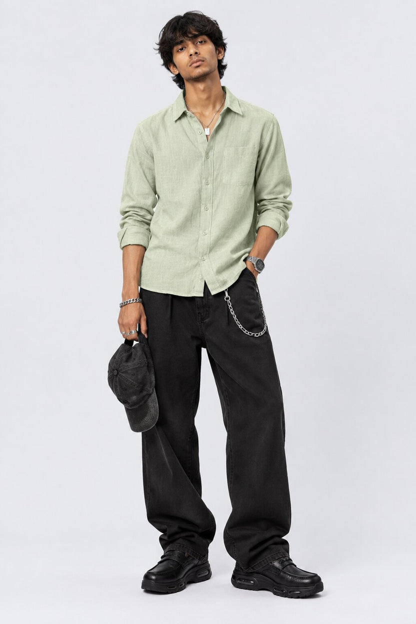 Mens Light Green Cotton Regular Fit Shirt - Image 5