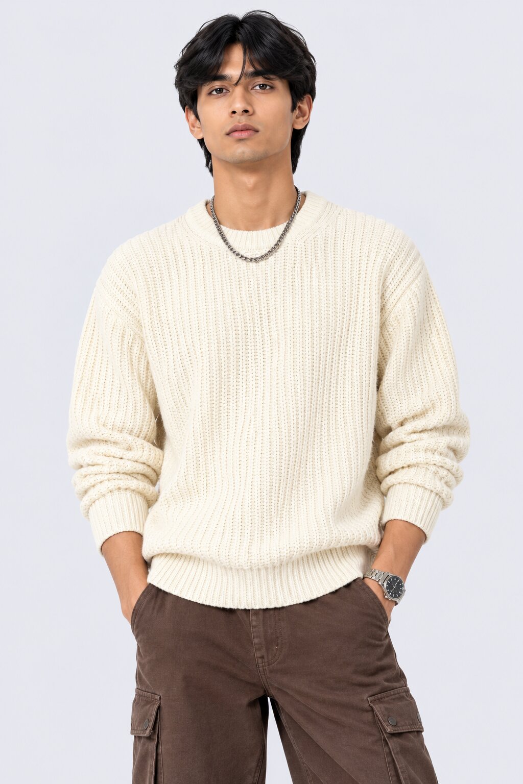 Mens Off White Knitted Regular Fit Sweater - Image 1