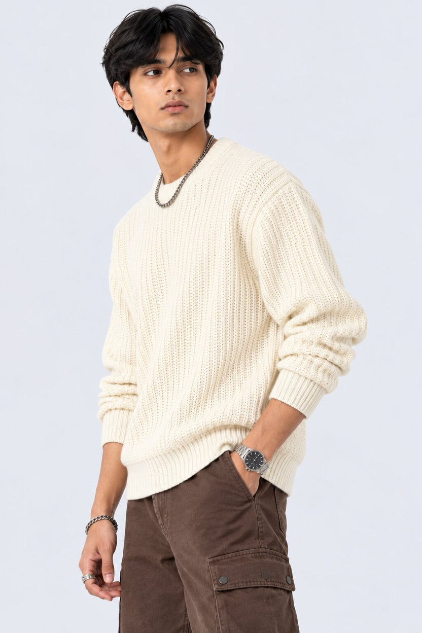 Mens Off White Knitted Regular Fit Sweater - Image 2