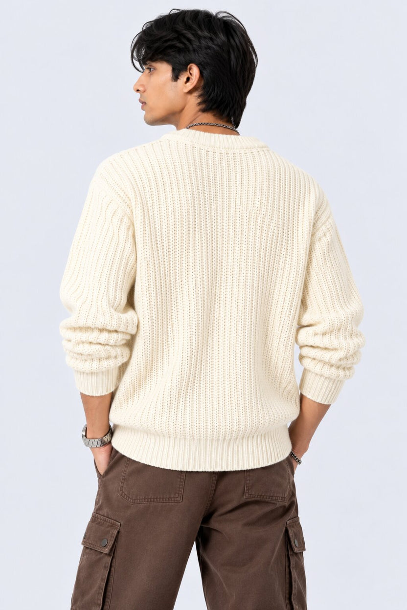 Mens Off White Knitted Regular Fit Sweater - Image 4