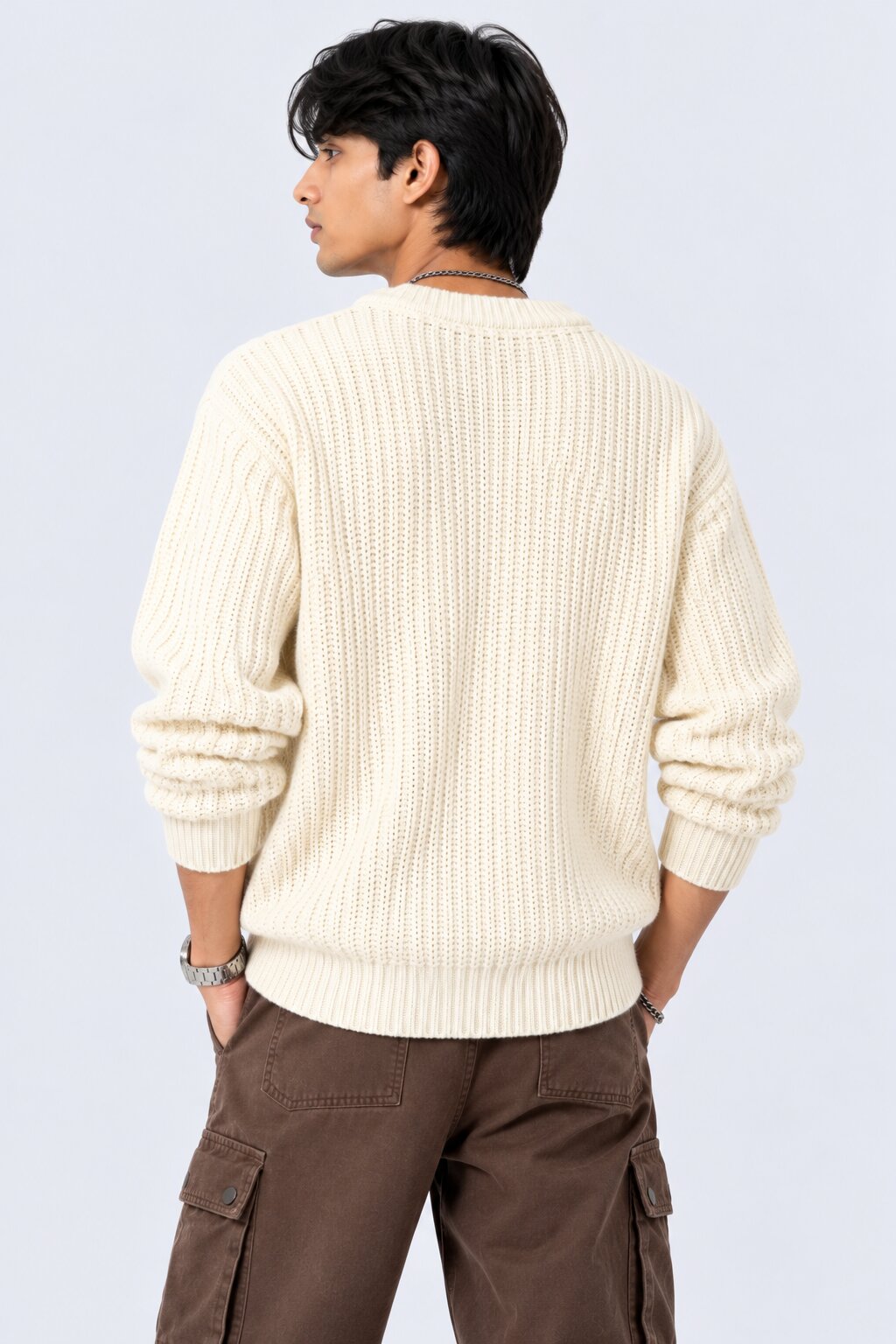 Mens Off White Knitted Regular Fit Sweater - Image 4