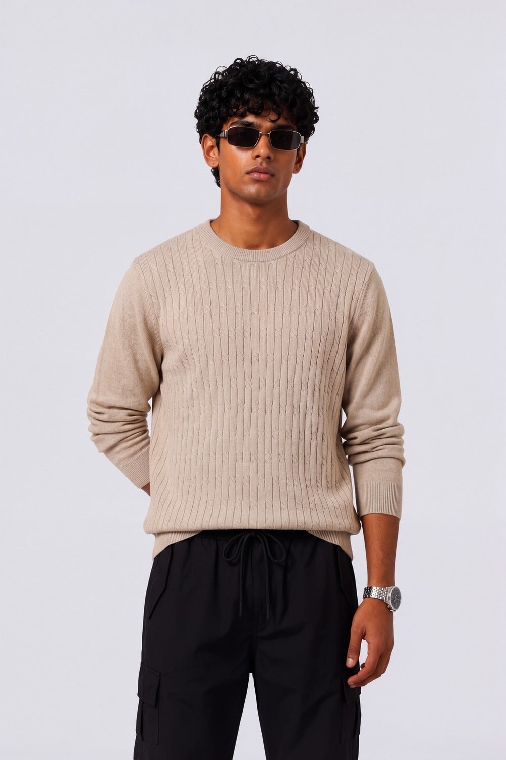 Mens Beige Cable Knit Regular Fit Sweater - Image 1