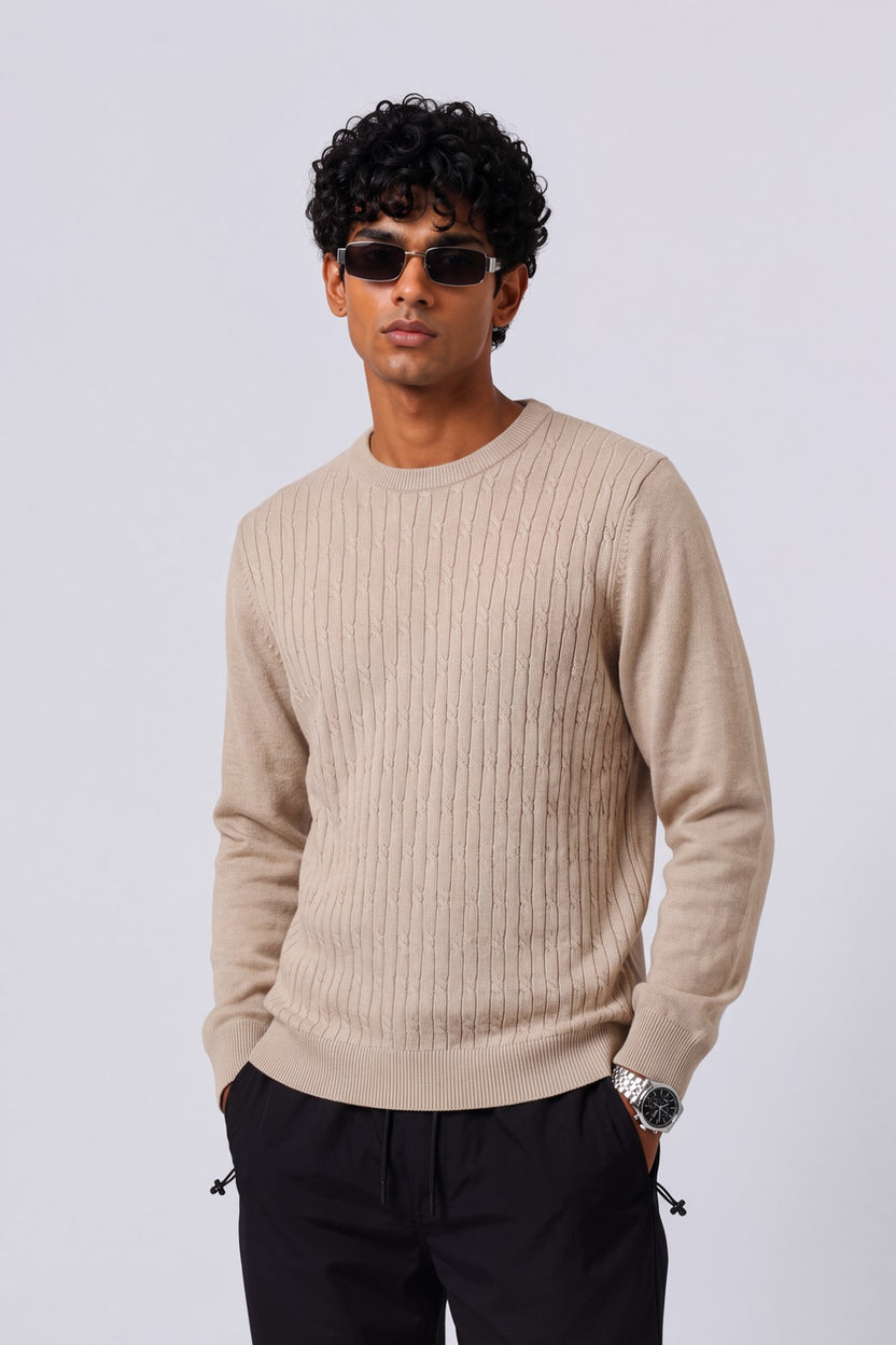 Mens Beige Cable Knit Regular Fit Sweater - Image 2