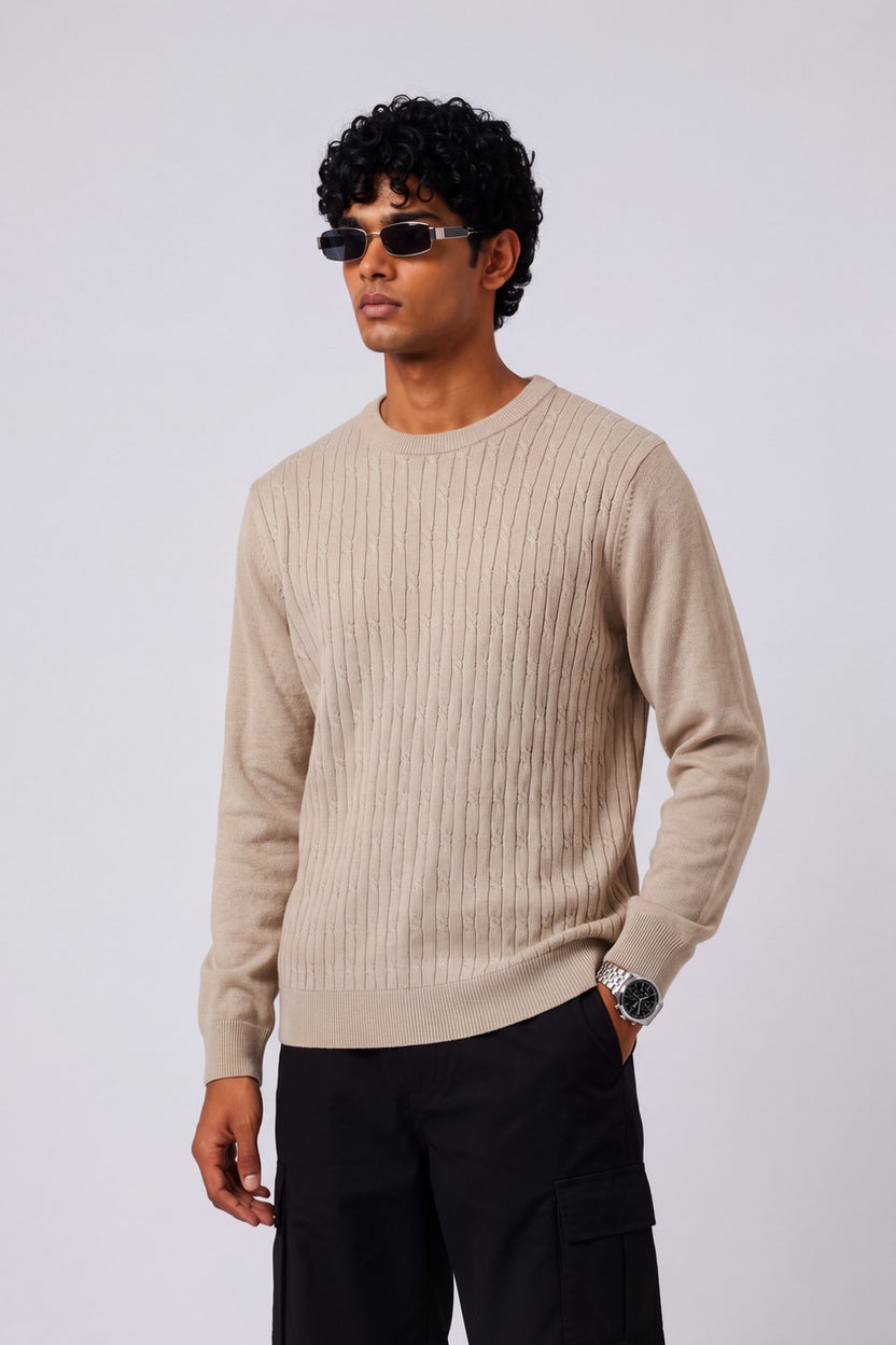 Mens Beige Cable Knit Regular Fit Sweater - Image 4