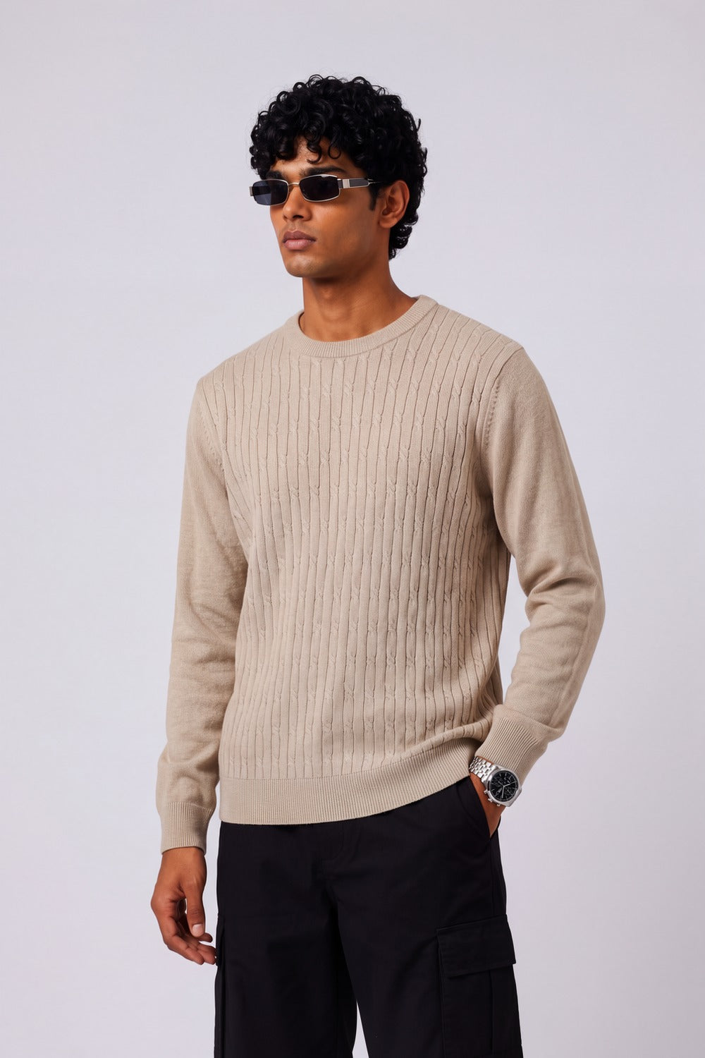 Mens Beige Cable Knit Regular Fit Sweater - Image 4