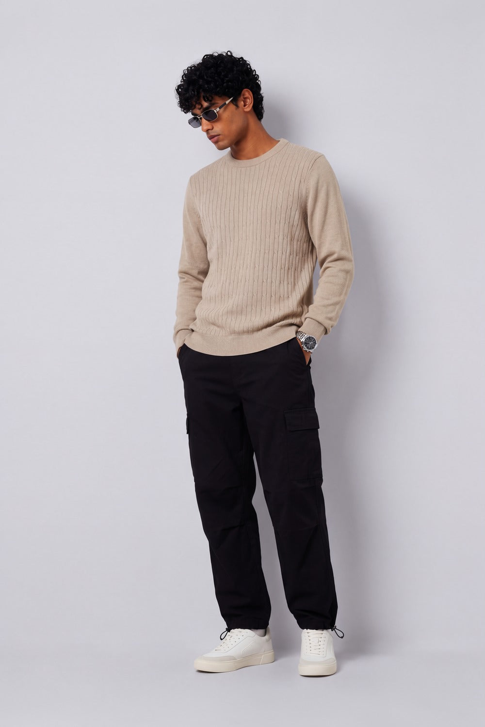 Mens Beige Cable Knit Regular Fit Sweater - Image 6