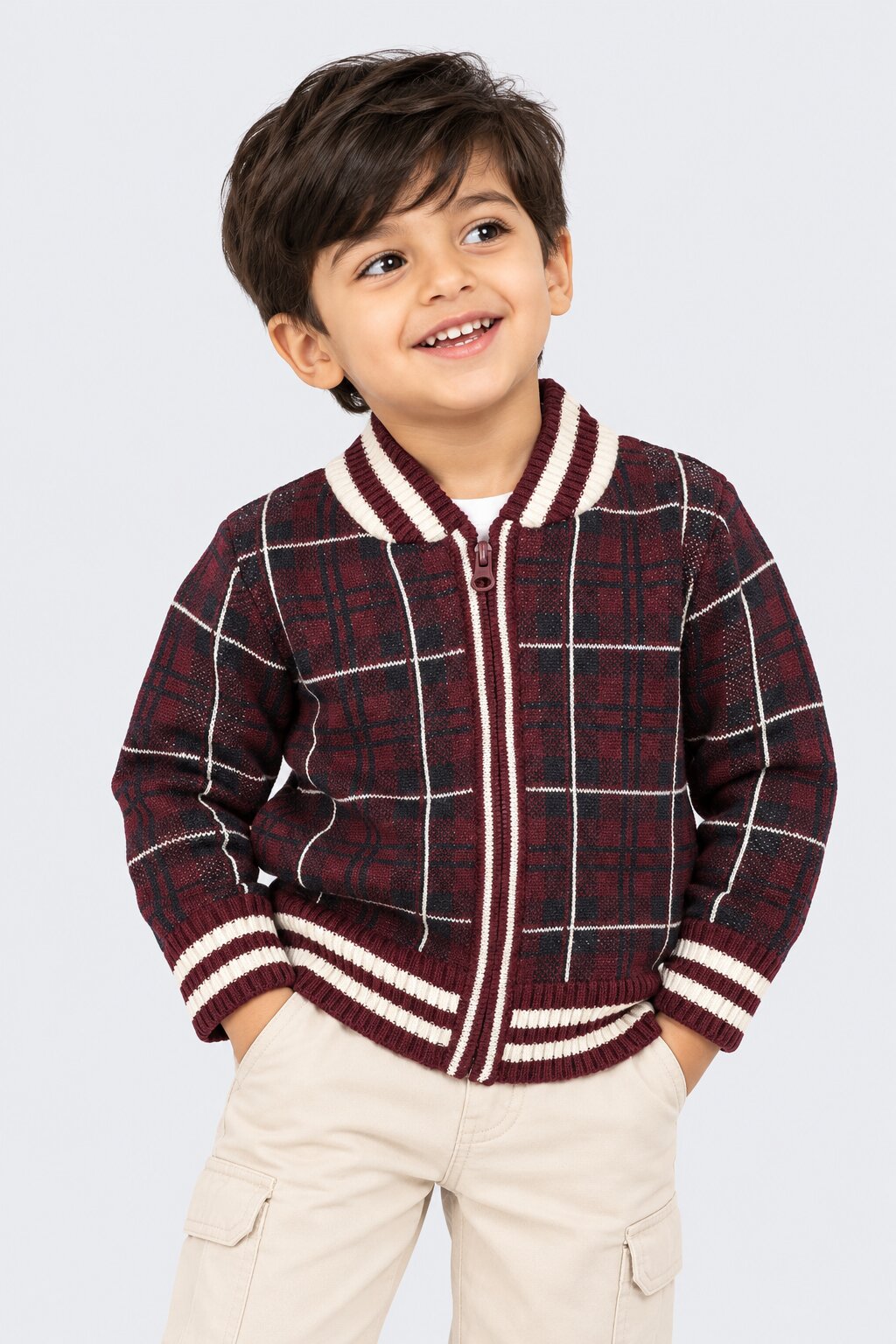 Boys Maroon Cotton Checks Sweater - Image 1
