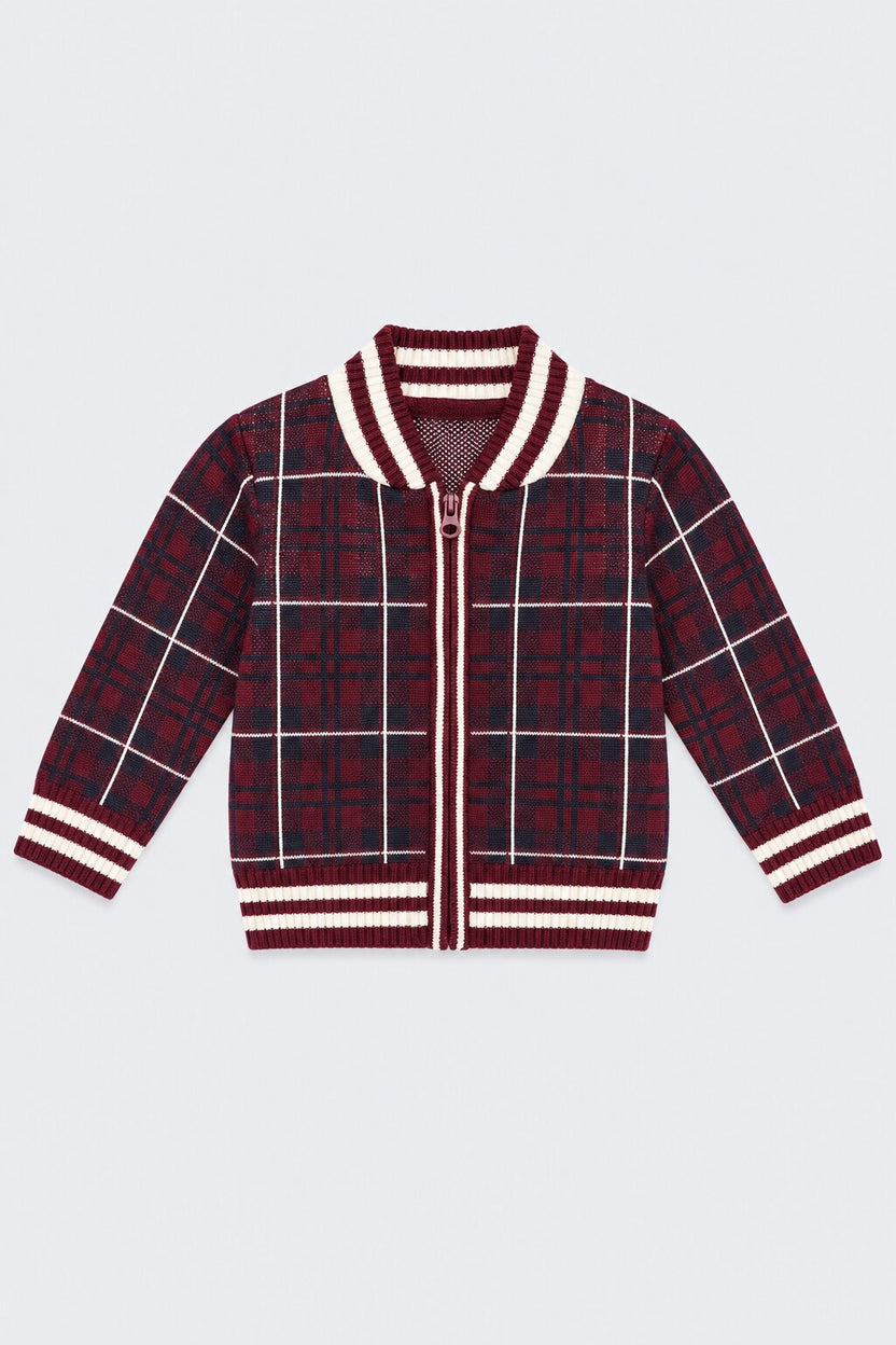 Boys Maroon Cotton Checks Sweater - Image 2
