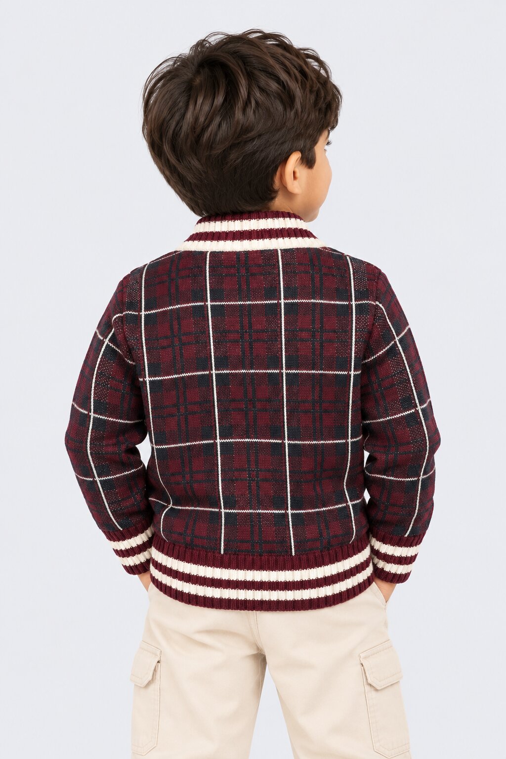 Boys Maroon Cotton Checks Sweater - Image 3