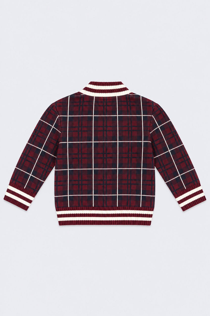 Boys Maroon Cotton Checks Sweater - Image 4