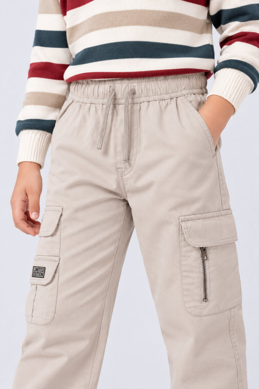 Tweens Boys Beige Jogger Fit Cargo Trouser With 8 Pocket - Image 5