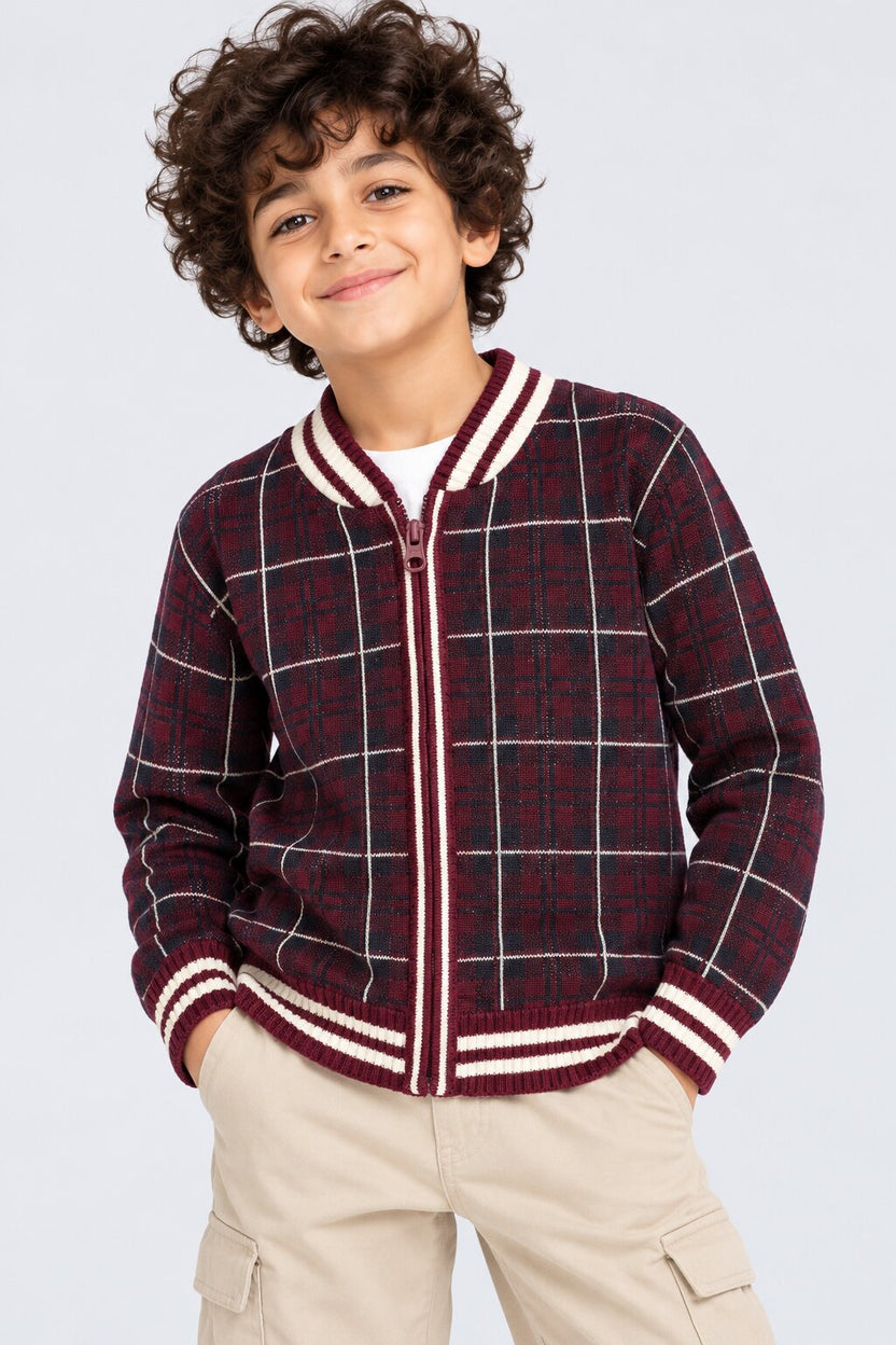 Tweens Boys Red Cotton Checked Sweater - Image 1