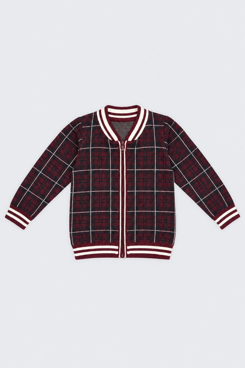 Tweens Boys Red Cotton Checked Sweater - Image 2
