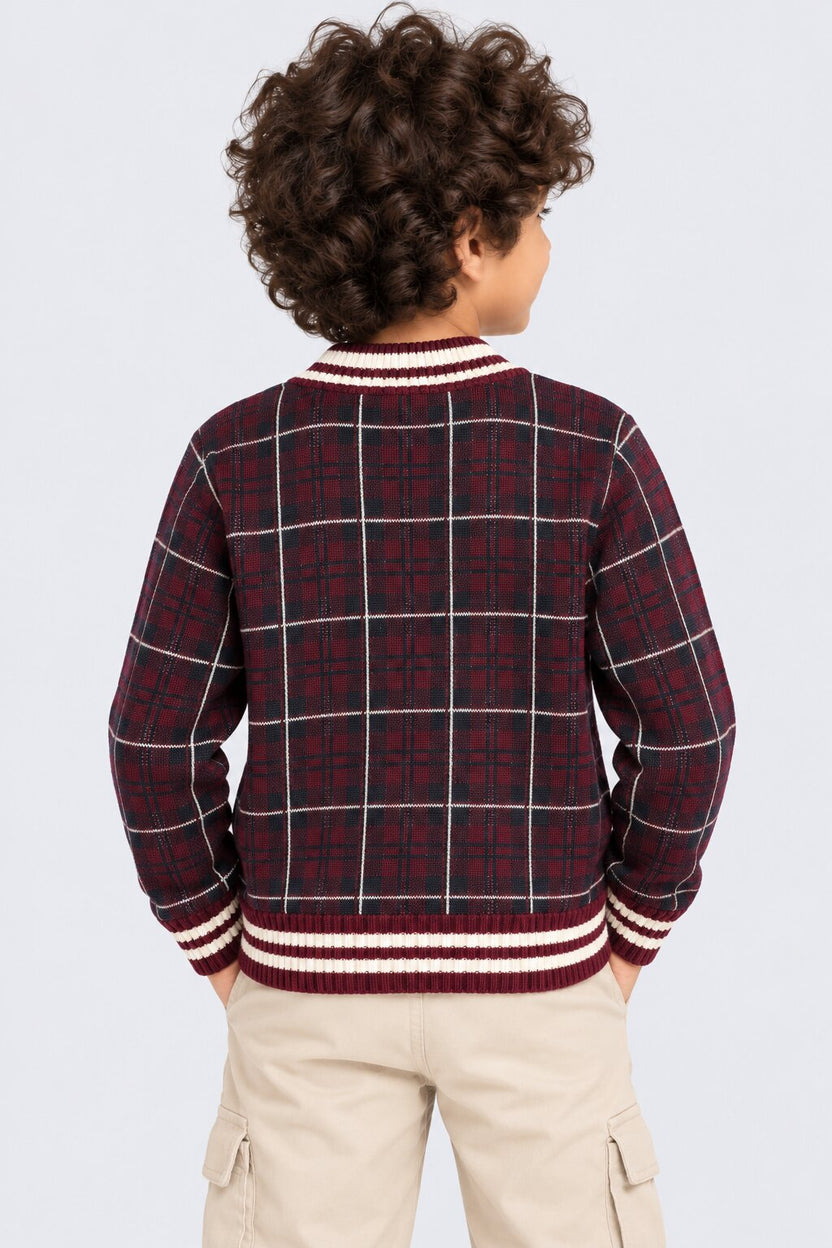 Tweens Boys Red Cotton Checked Sweater - Image 3