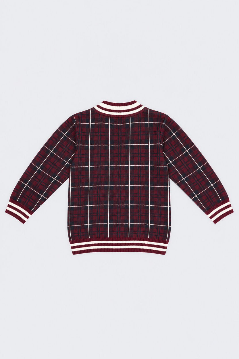 Tweens Boys Red Cotton Checked Sweater - Image 4