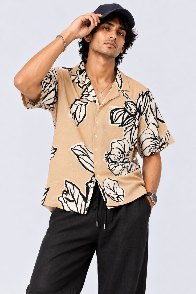 Mens Beige Tropical Printed Shirt - Image 1