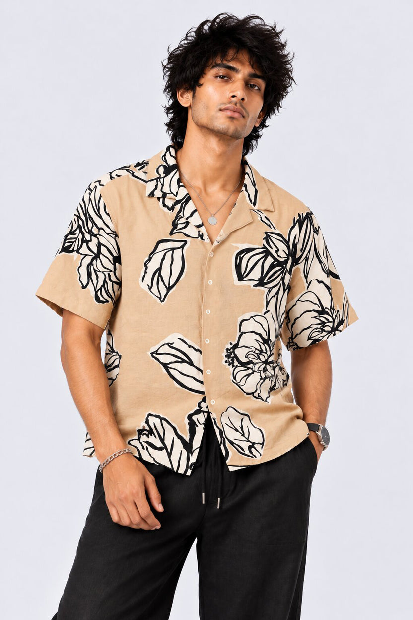 Mens Beige Tropical Printed Shirt - Image 2