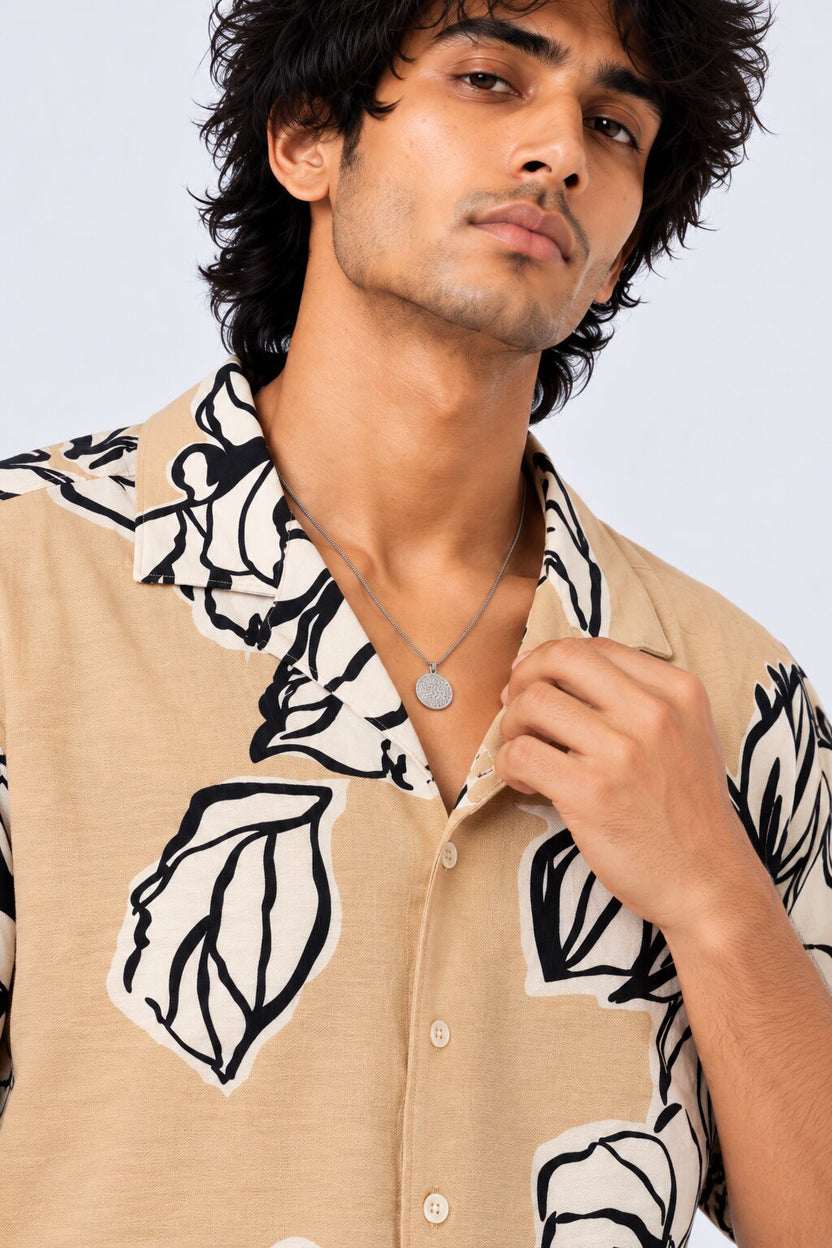 Mens Beige Tropical Printed Shirt - Image 3