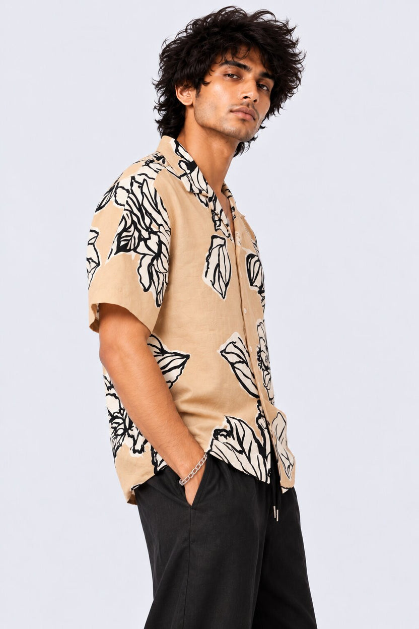 Mens Beige Tropical Printed Shirt - Image 4